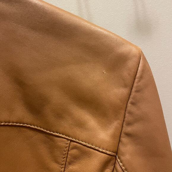 Cole Haan L Genuine Lambskin Leather Moto Jacket | Caramel Brown, Gold Zippers - Picture 5 of 11